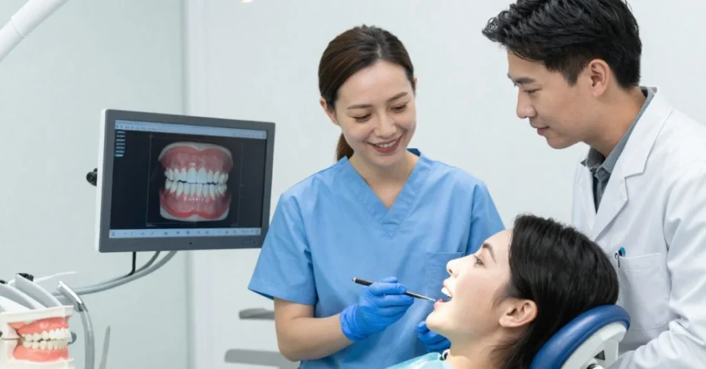 Dentist examining patient for dental implants in modern Atlanta clinic