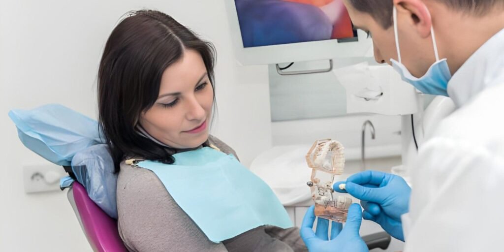 Dentist demonstrating full mouth implant procedure model