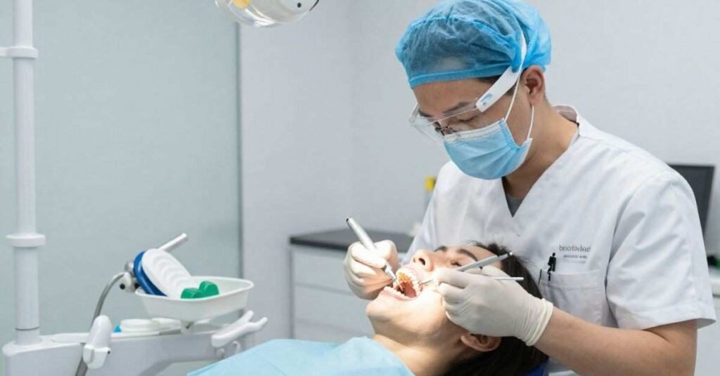 Dentist providing TMJ treatment in clinic